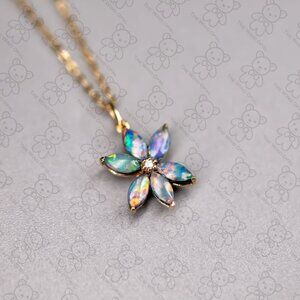 Water Lily Doublet Opal Diamond Pendant Necklace 14K Yellow Gold